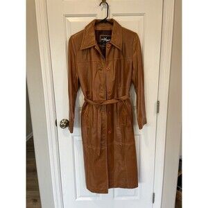 VTG Women Maxima Wilson Leather Camel Brown Button Full Length Trench Coat M